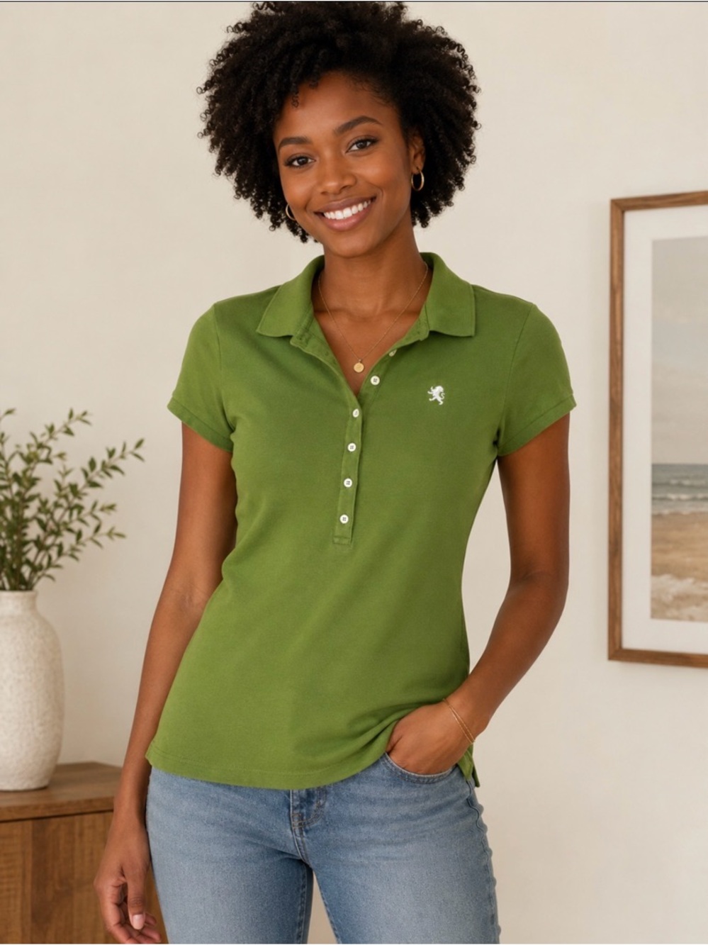 Express Women's Olive Green Polo Shirt size small